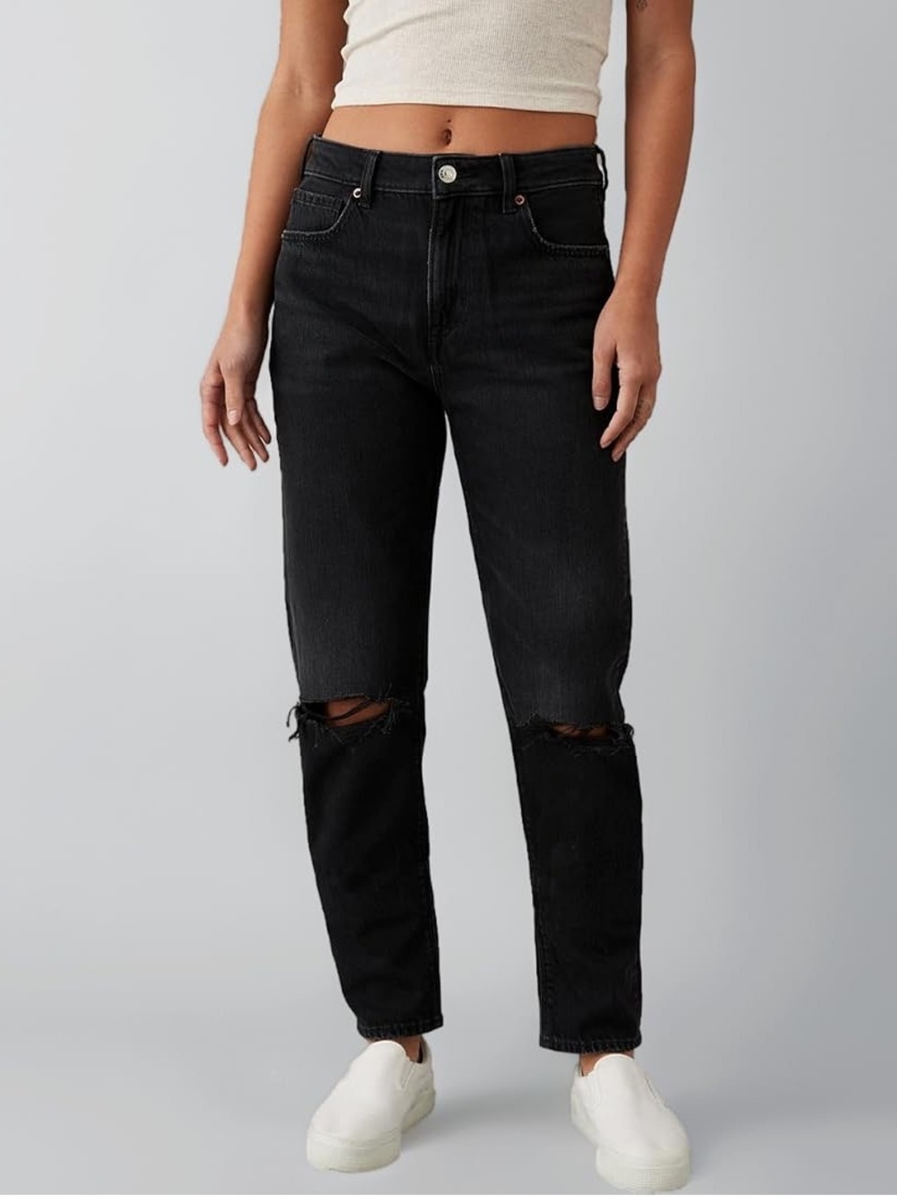 American Eagle Black Distressed High Rise Straight Leg Mom Jeans